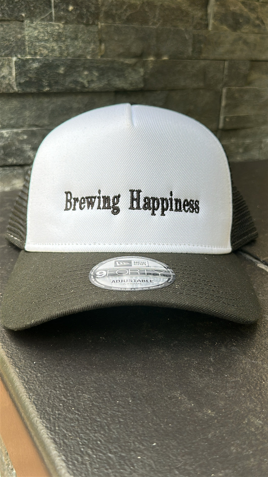 Black/ White “Brewing Happiness”SnapBack Mesh Cap