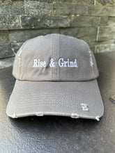 Load image into Gallery viewer, Gray “Rise &amp; Grind” Distressed Cap
