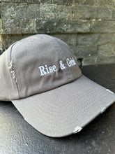 Load image into Gallery viewer, Gray “Rise &amp; Grind” Distressed Cap

