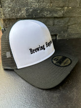 Load image into Gallery viewer, Black/ White “Brewing Happiness”SnapBack Mesh Cap
